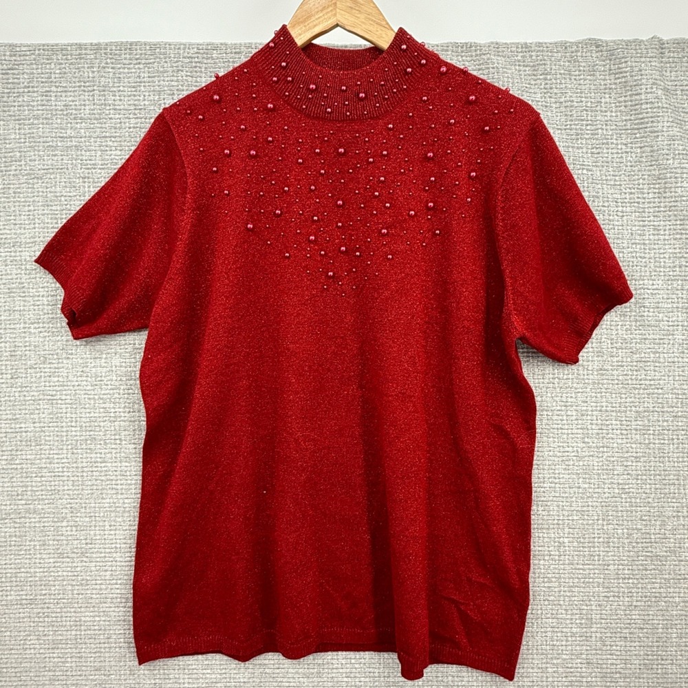 Susan Graver‎ Style Red Metallic Knit Beaded Mock Neck Short Sleeve Top 1X
